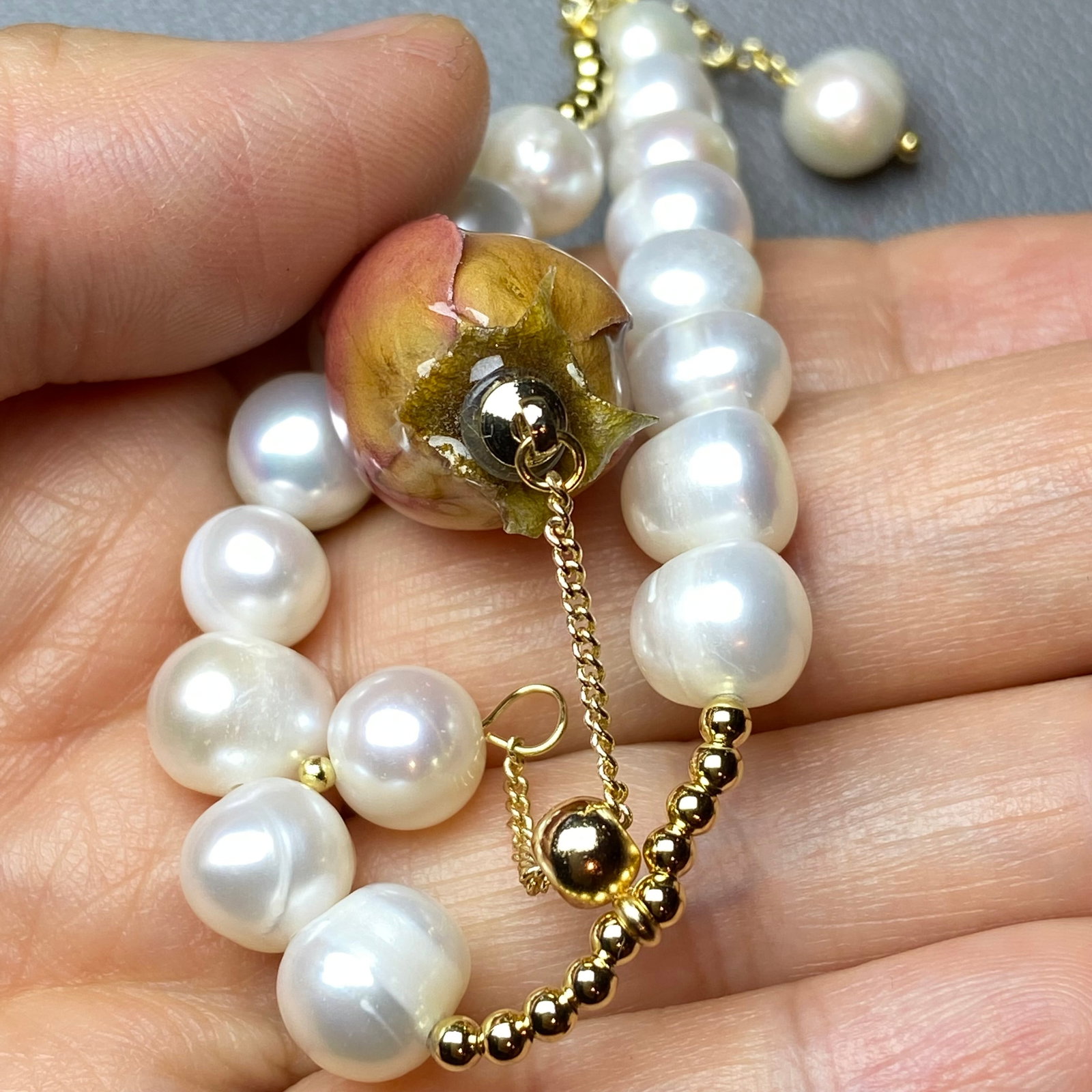 10mm Fresh Water Pearl Bracelet with Everlasting Natural Rose Charm - 7