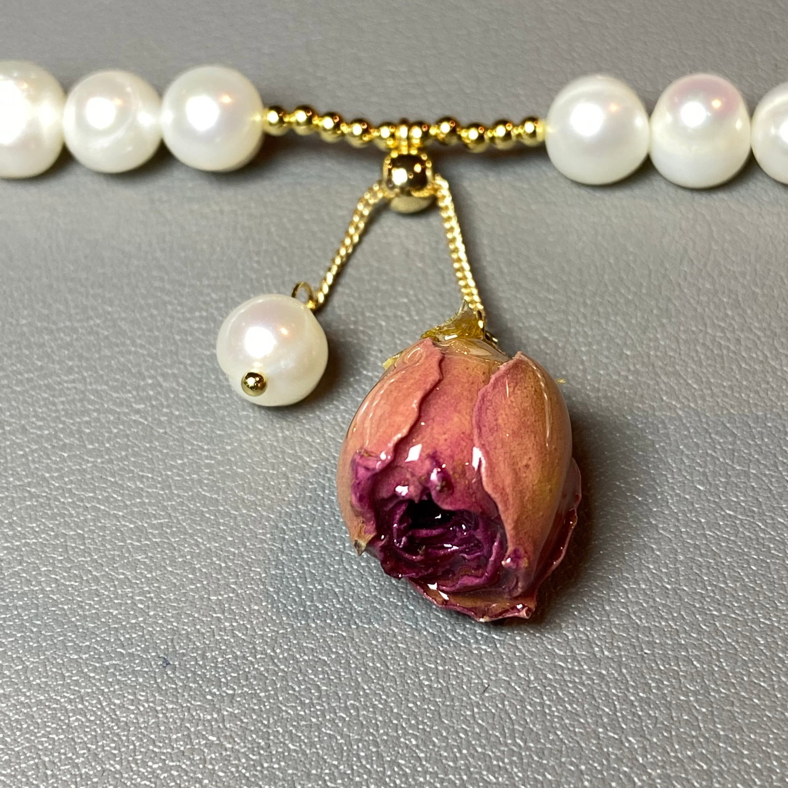10mm Fresh Water Pearl Bracelet with Everlasting Natural Rose Charm - 8