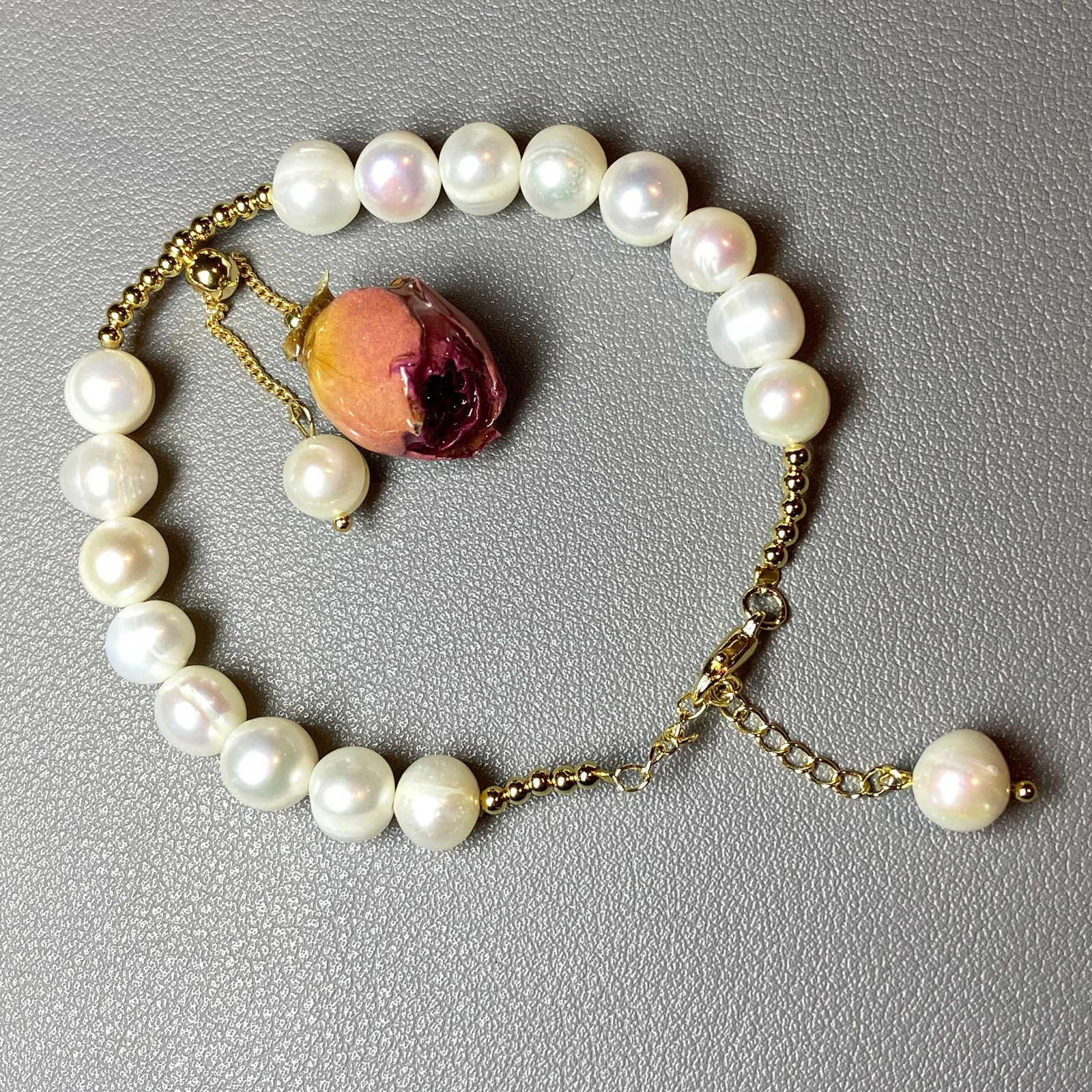 10mm Fresh Water Pearl Bracelet with Everlasting Natural Rose Charm - 9