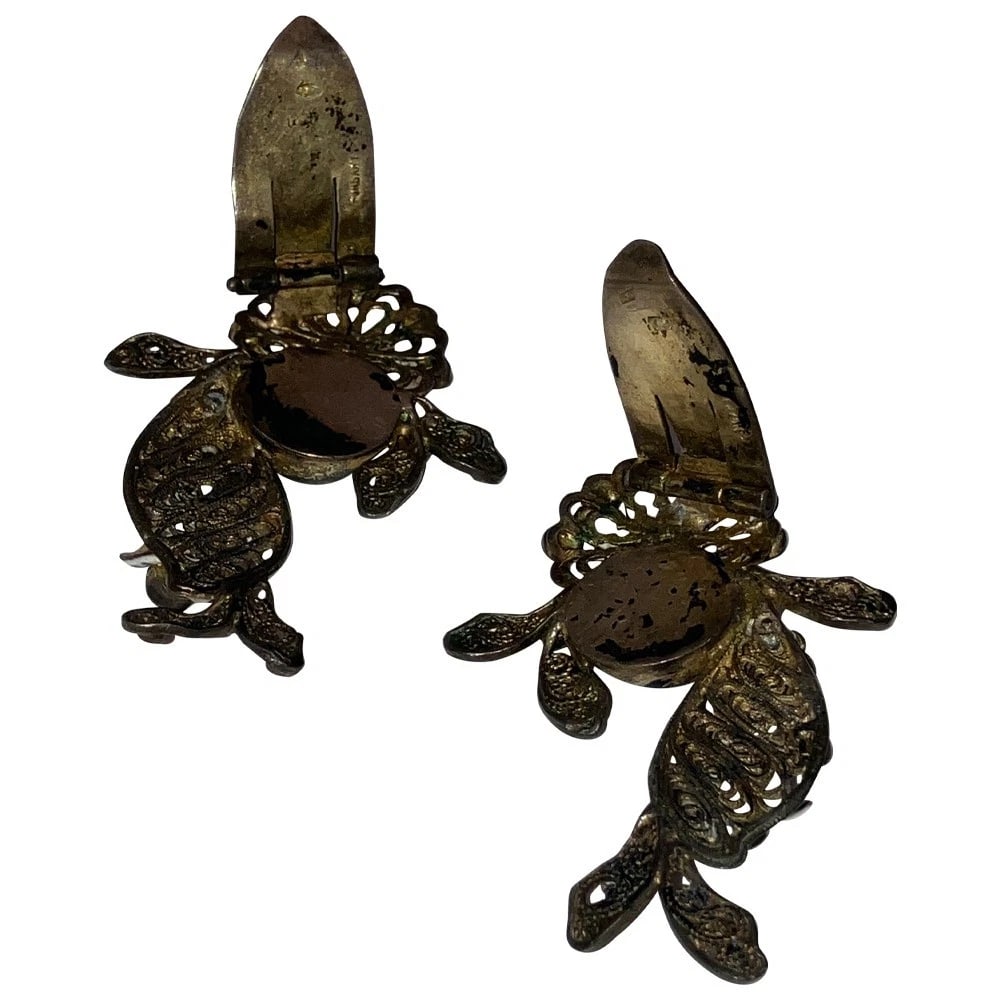 Art Deco Astro Hungary Sterling Silver Gold Vermeil Emerald Garnet Dress Clips - 10