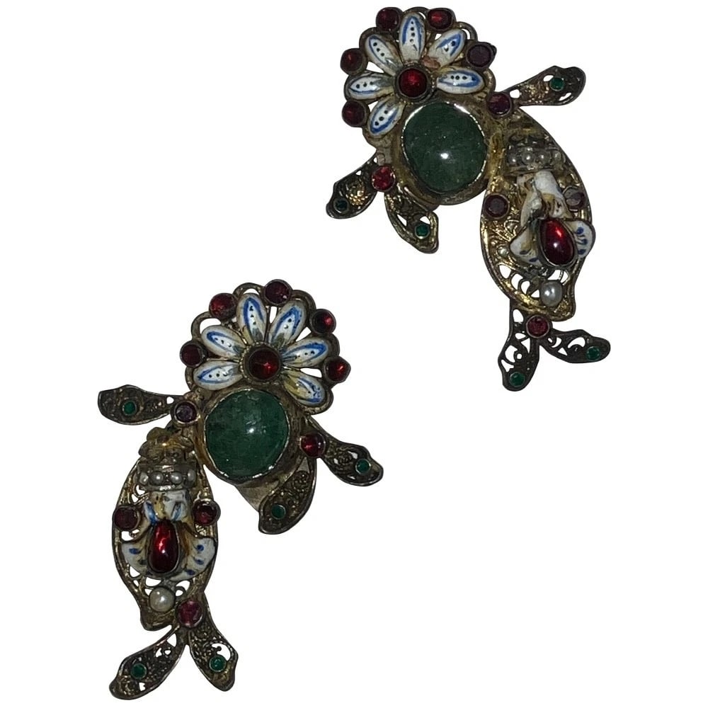 Art Deco Astro Hungary Sterling Silver Gold Vermeil Emerald Garnet Dress Clips - 2