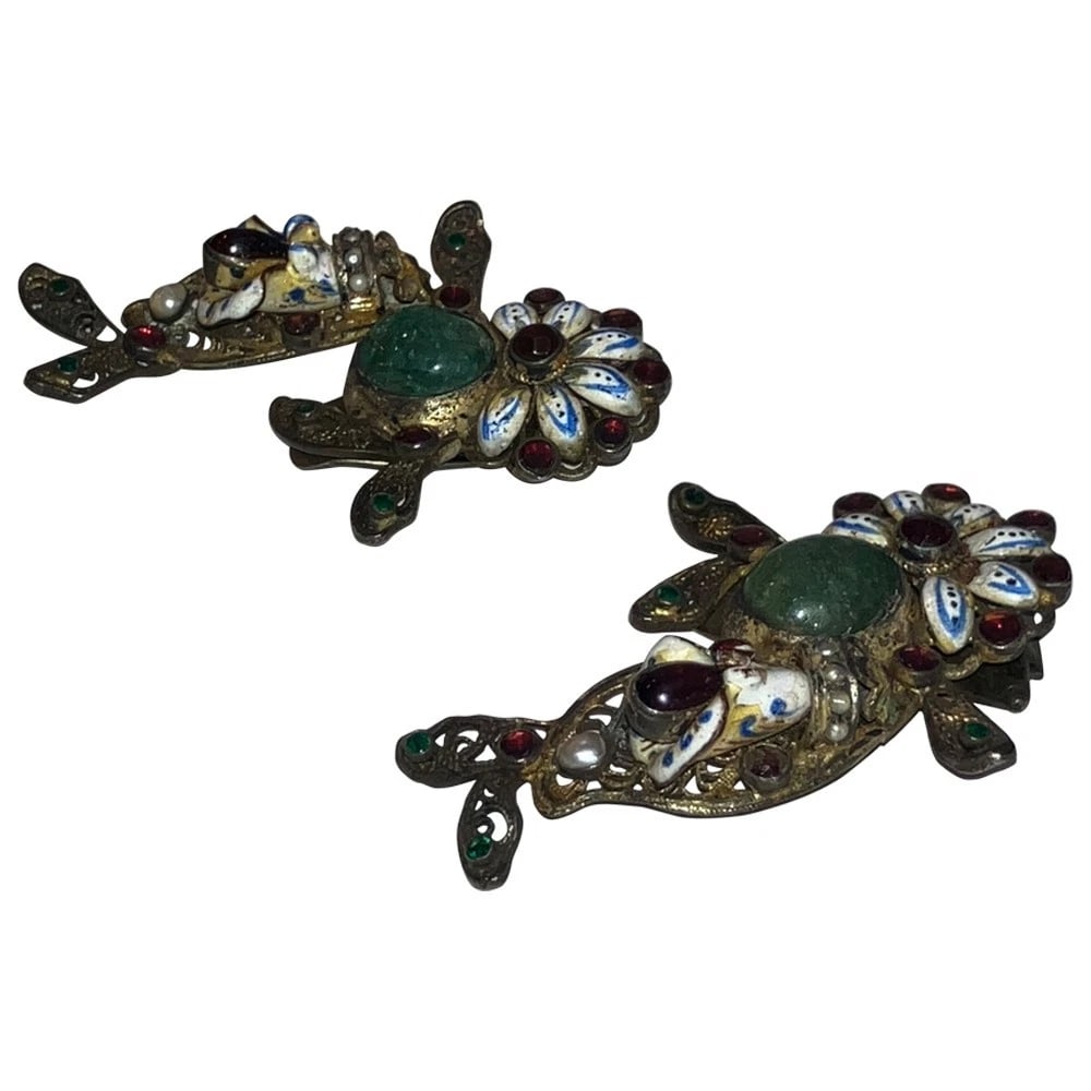 Art Deco Astro Hungary Sterling Silver Gold Vermeil Emerald Garnet Dress Clips - 3
