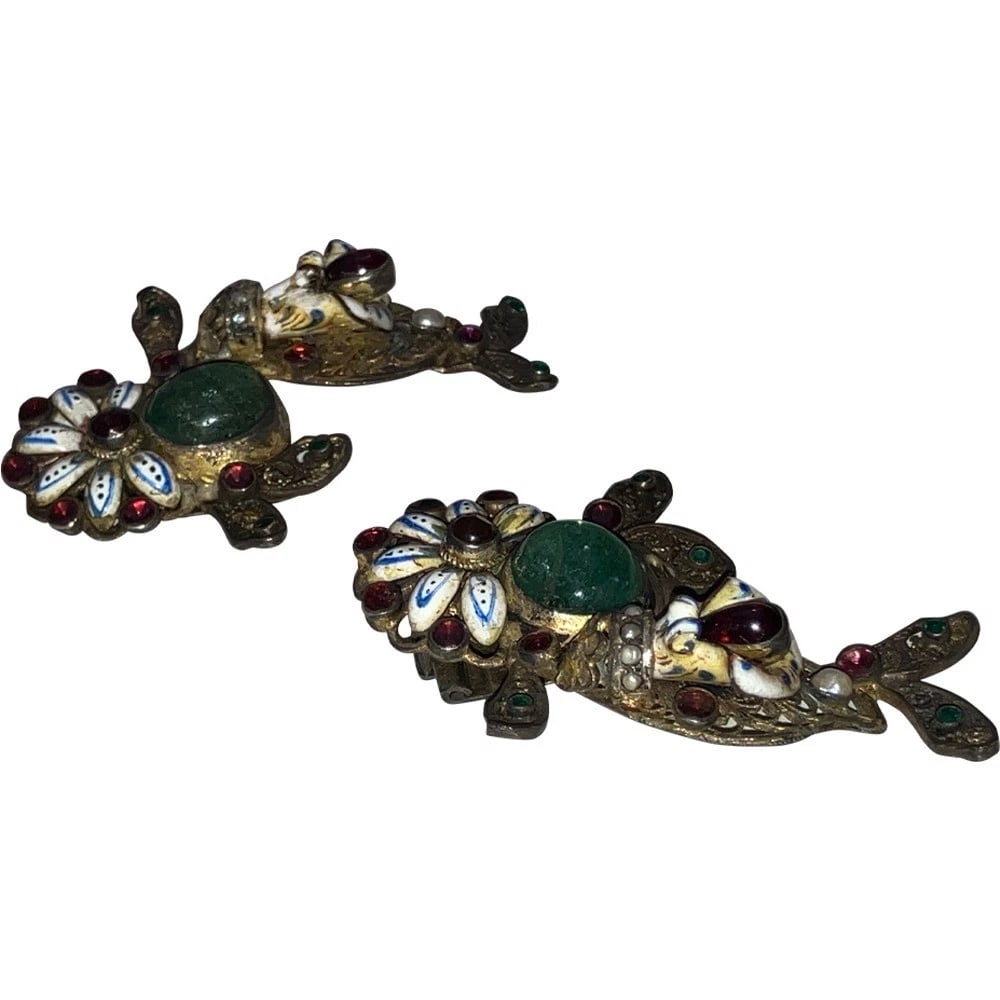 Art Deco Astro Hungary Sterling Silver Gold Vermeil Emerald Garnet Dress Clips - 4