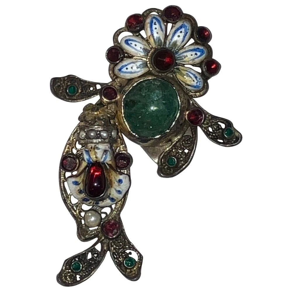 Art Deco Astro Hungary Sterling Silver Gold Vermeil Emerald Garnet Dress Clips - 7