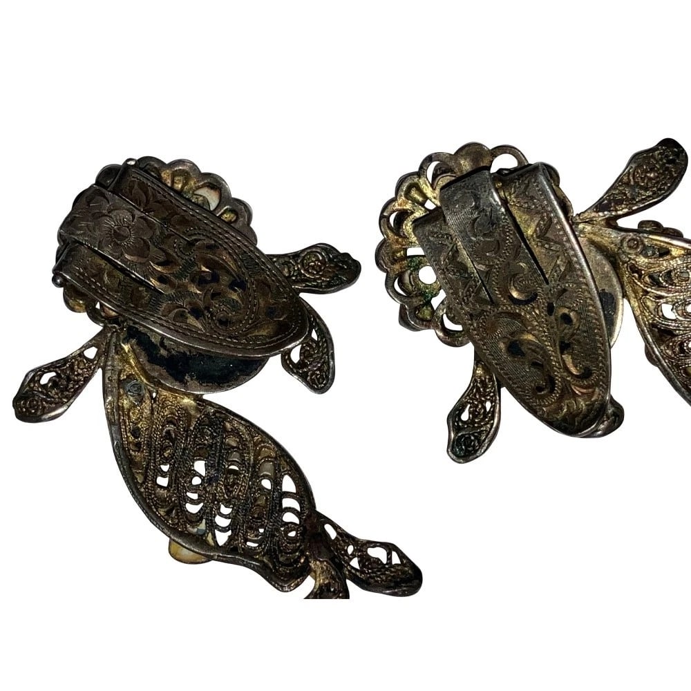 Art Deco Astro Hungary Sterling Silver Gold Vermeil Emerald Garnet Dress Clips - 9