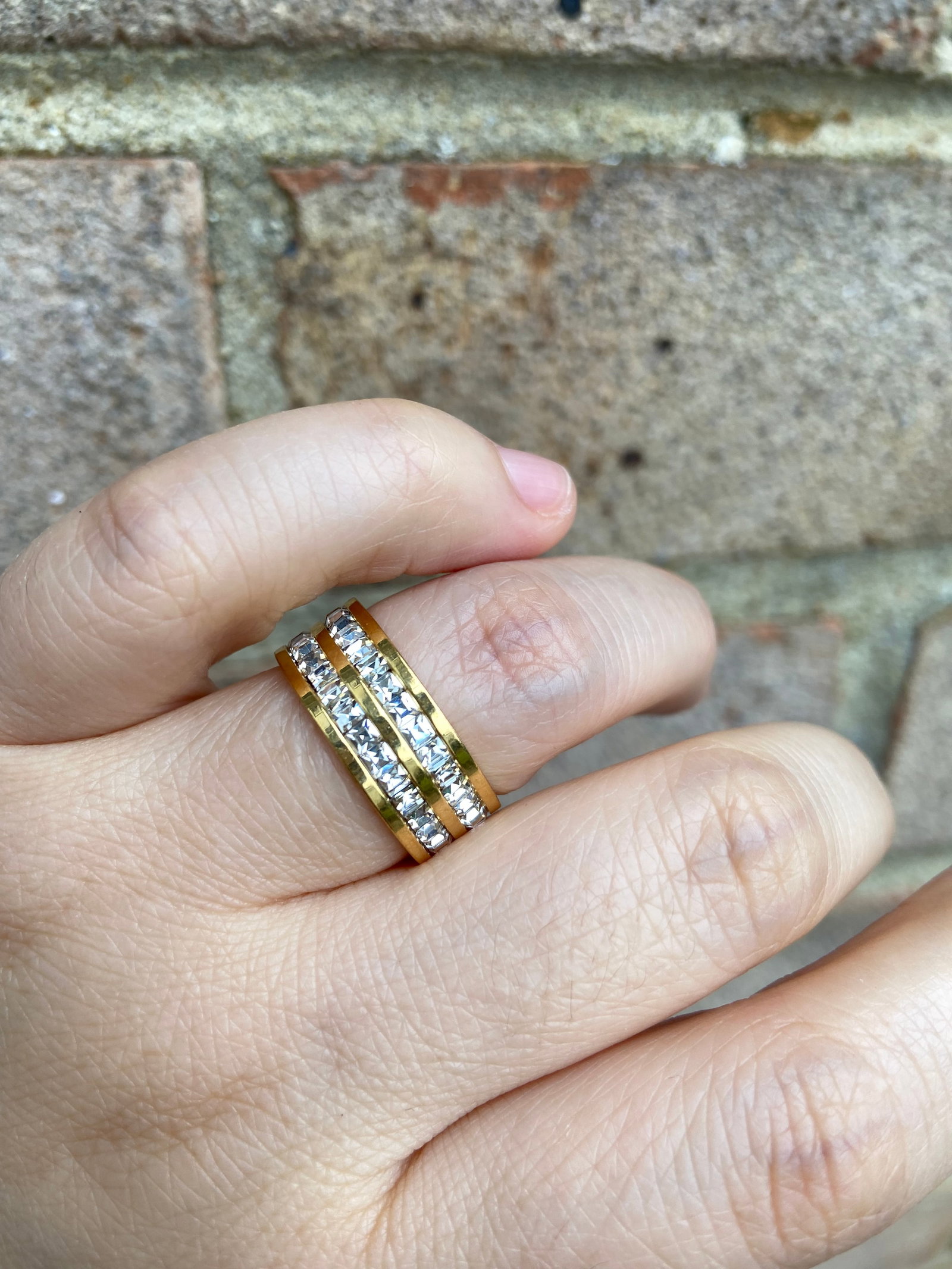 Double layers Full eternity yellow gold plated titanium-steel ring inlaid square moissanite diamond - 2