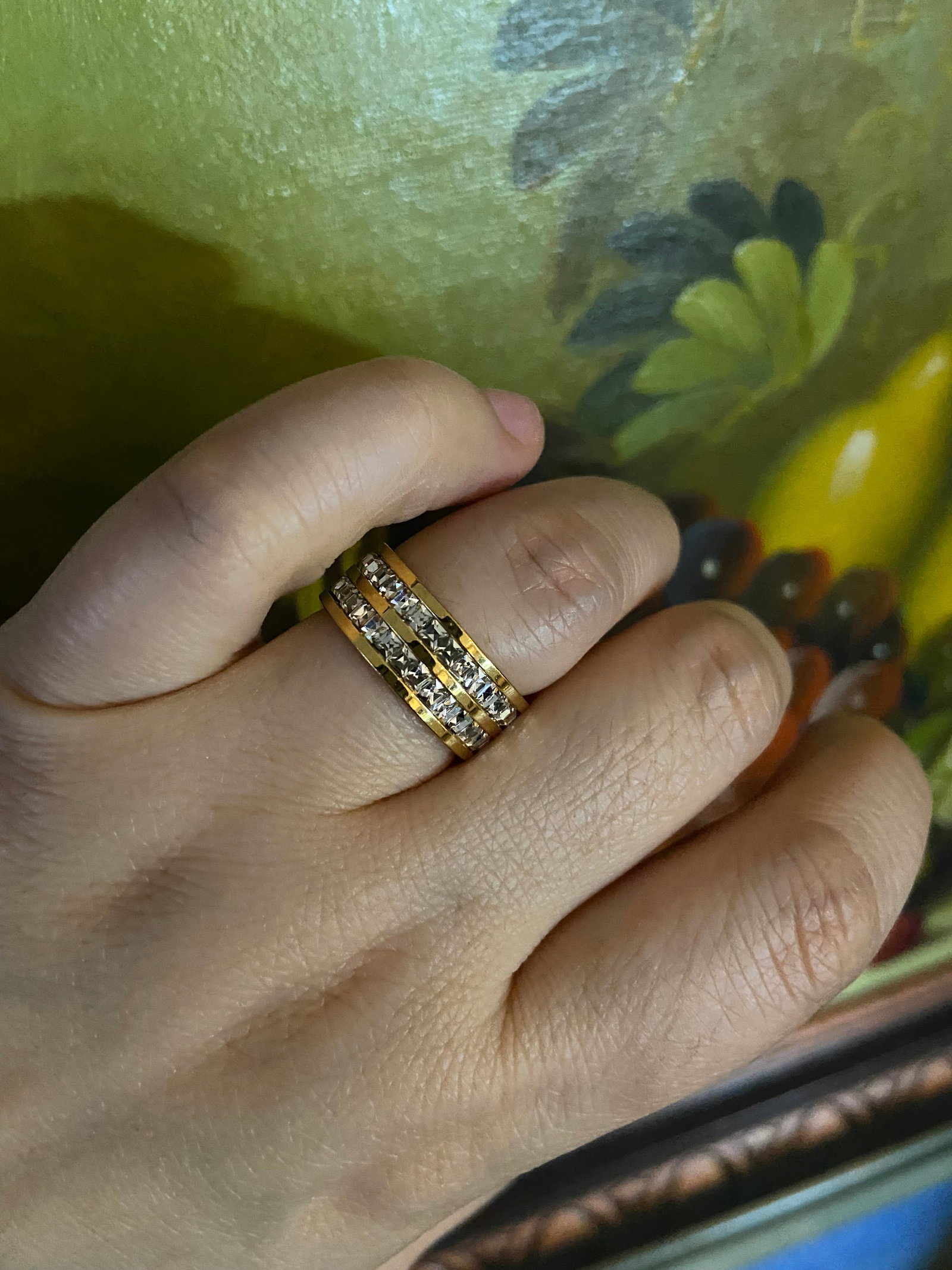 Double layers Full eternity yellow gold plated titanium-steel ring inlaid square moissanite diamond - 3