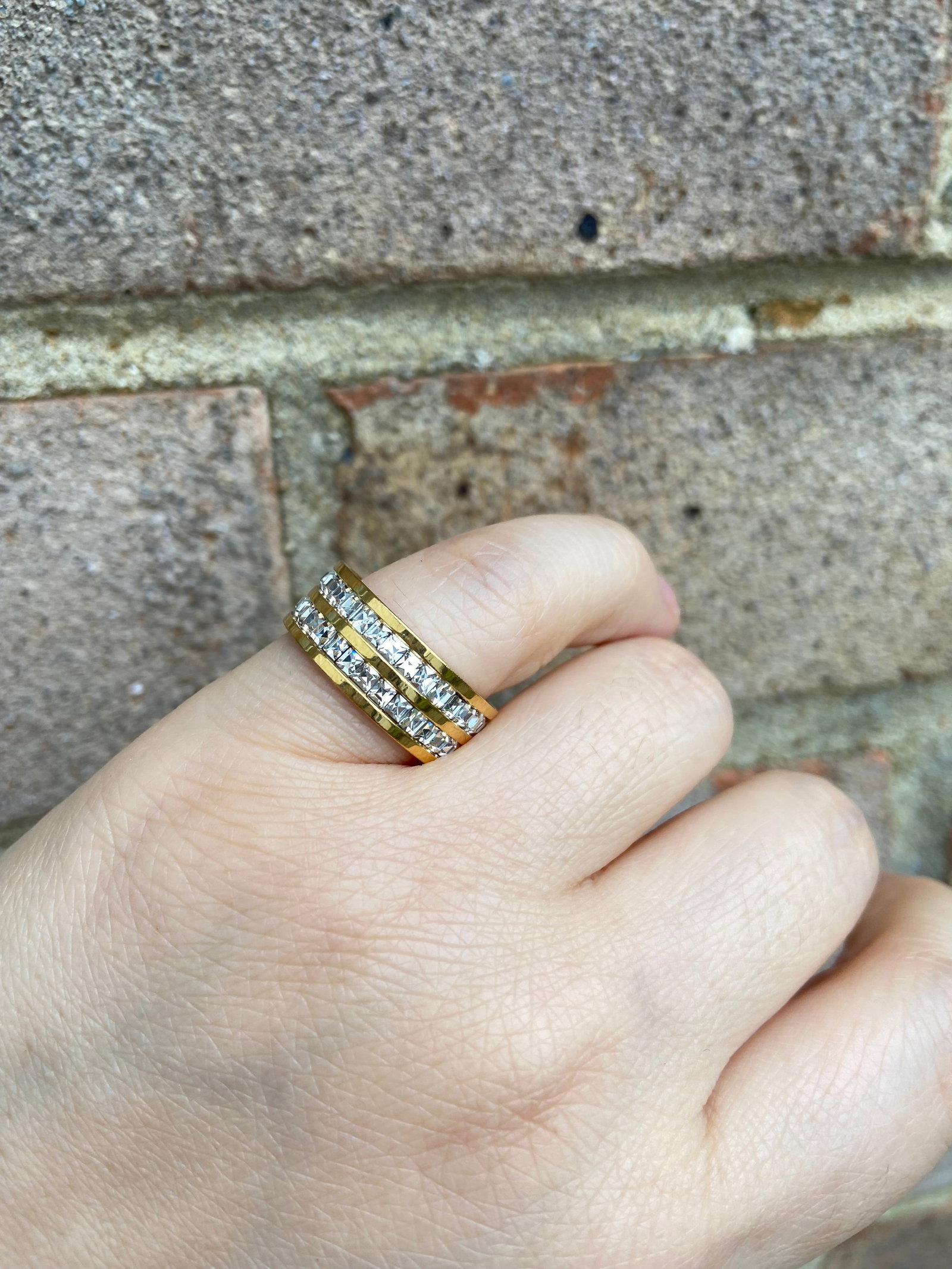 Double layers Full eternity yellow gold plated titanium-steel ring inlaid square moissanite diamond - 4
