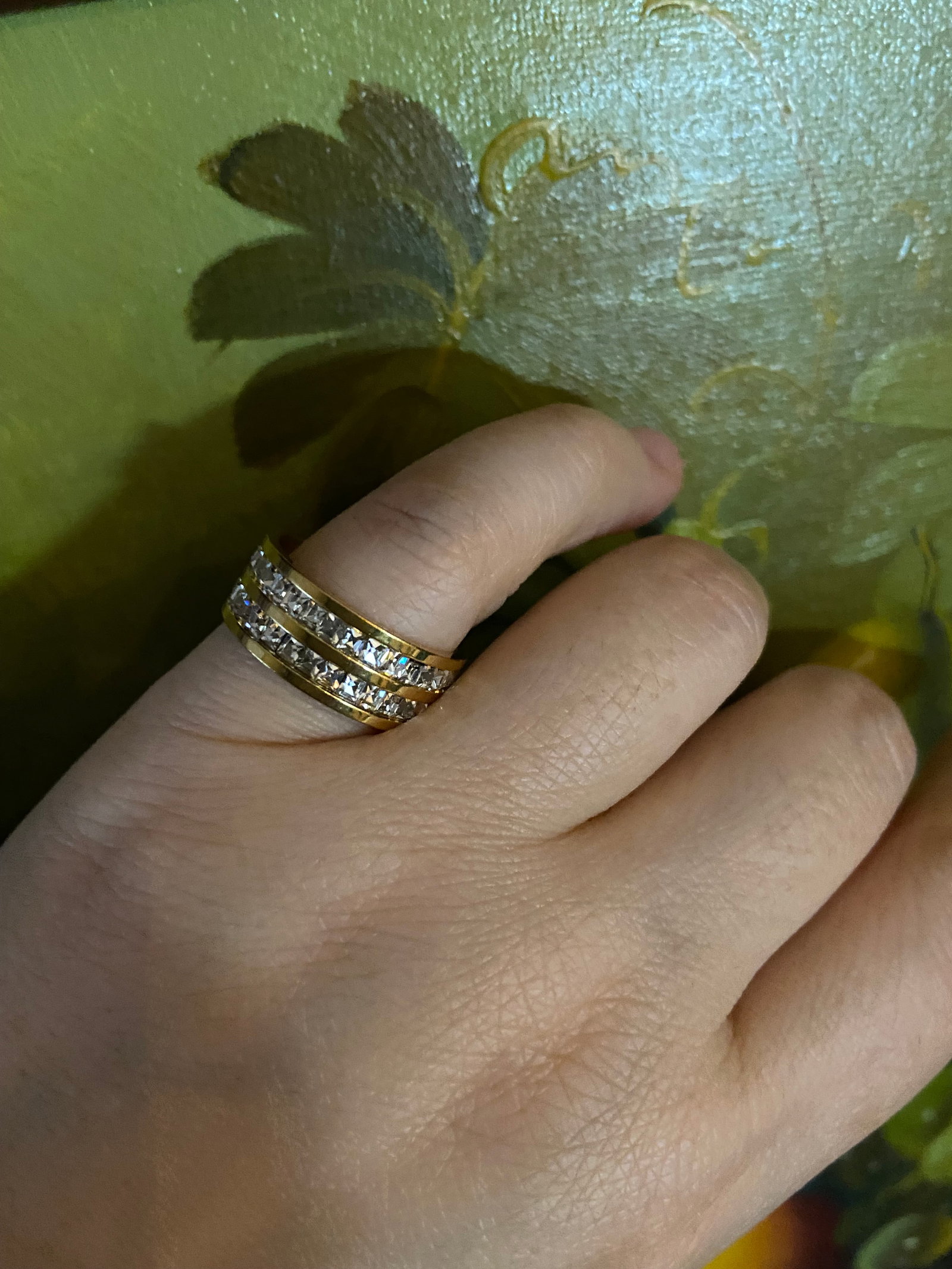 Double layers Full eternity yellow gold plated titanium-steel ring inlaid square moissanite diamond - 5