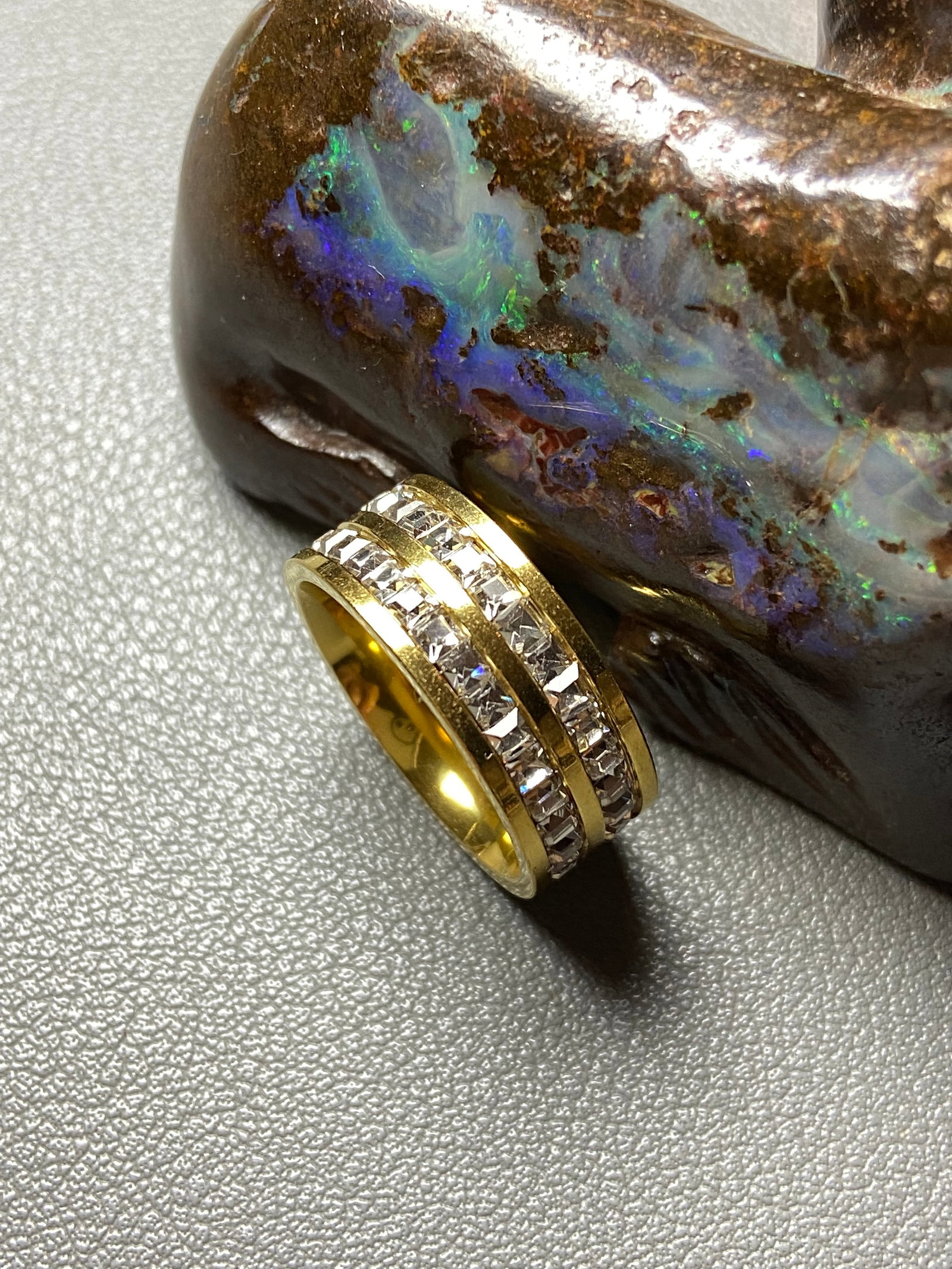 Double layers Full eternity yellow gold plated titanium-steel ring inlaid square moissanite diamond - 6