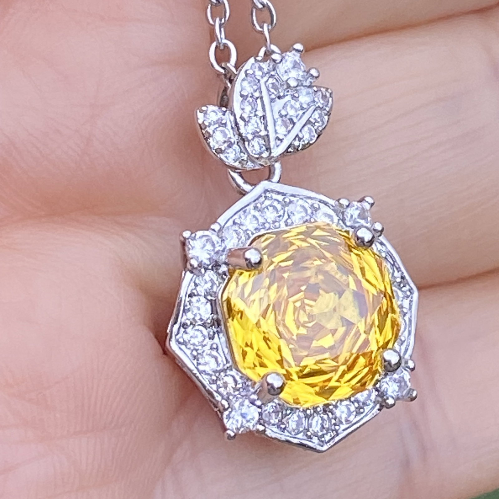 18K White Gold Plated Radiant-Cut Yellow Sapphire and Moissanite Halo Pendant Necklace - 10