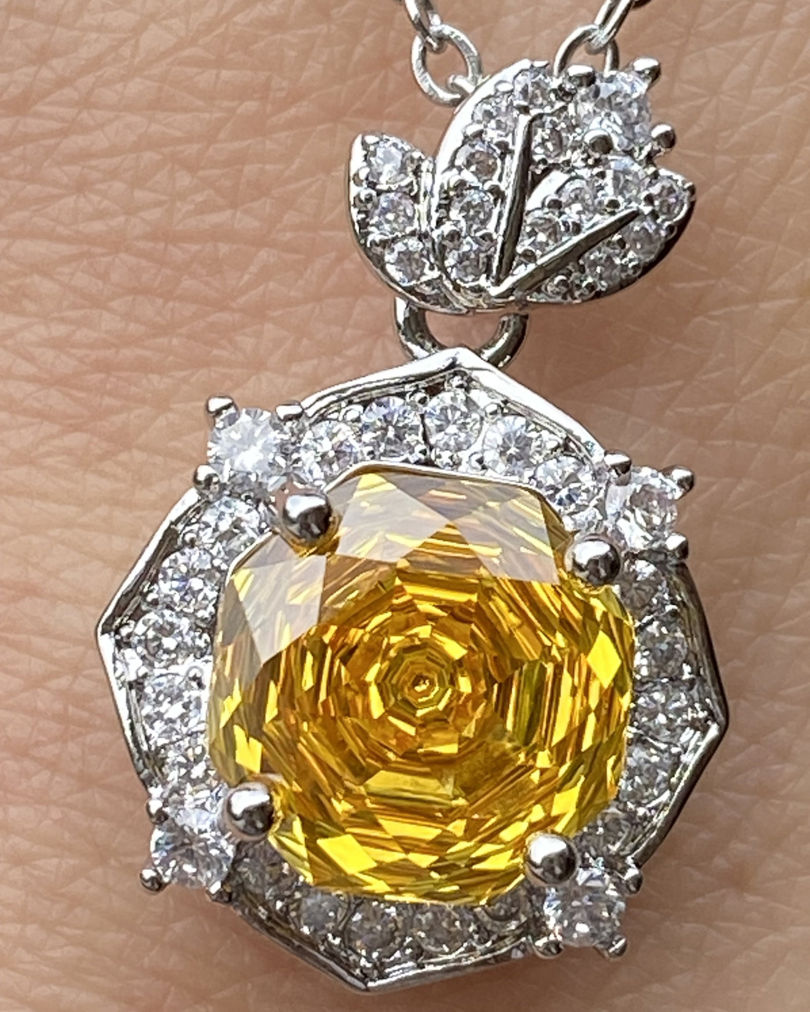 18K White Gold Plated Radiant-Cut Yellow Sapphire and Moissanite Halo Pendant Necklace - 12