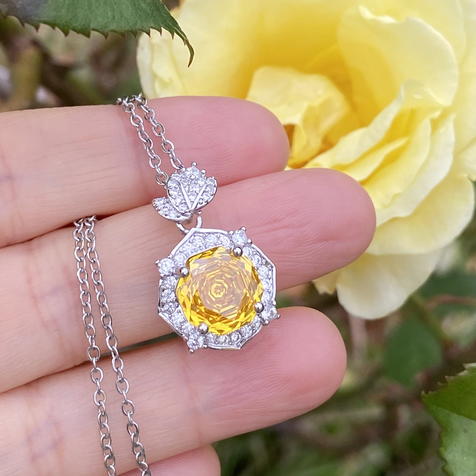 18K White Gold Plated Radiant-Cut Yellow Sapphire and Moissanite Halo Pendant Necklace - 2