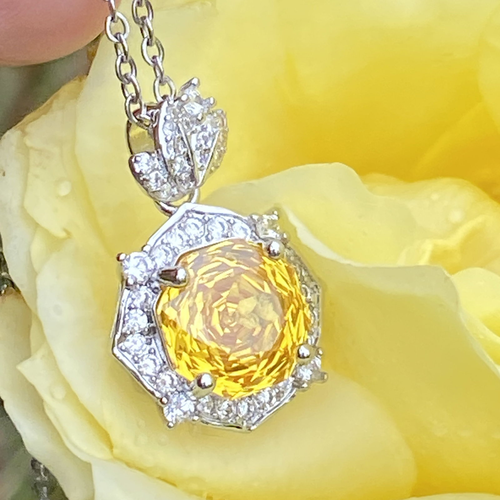 18K White Gold Plated Radiant-Cut Yellow Sapphire and Moissanite Halo Pendant Necklace - 3