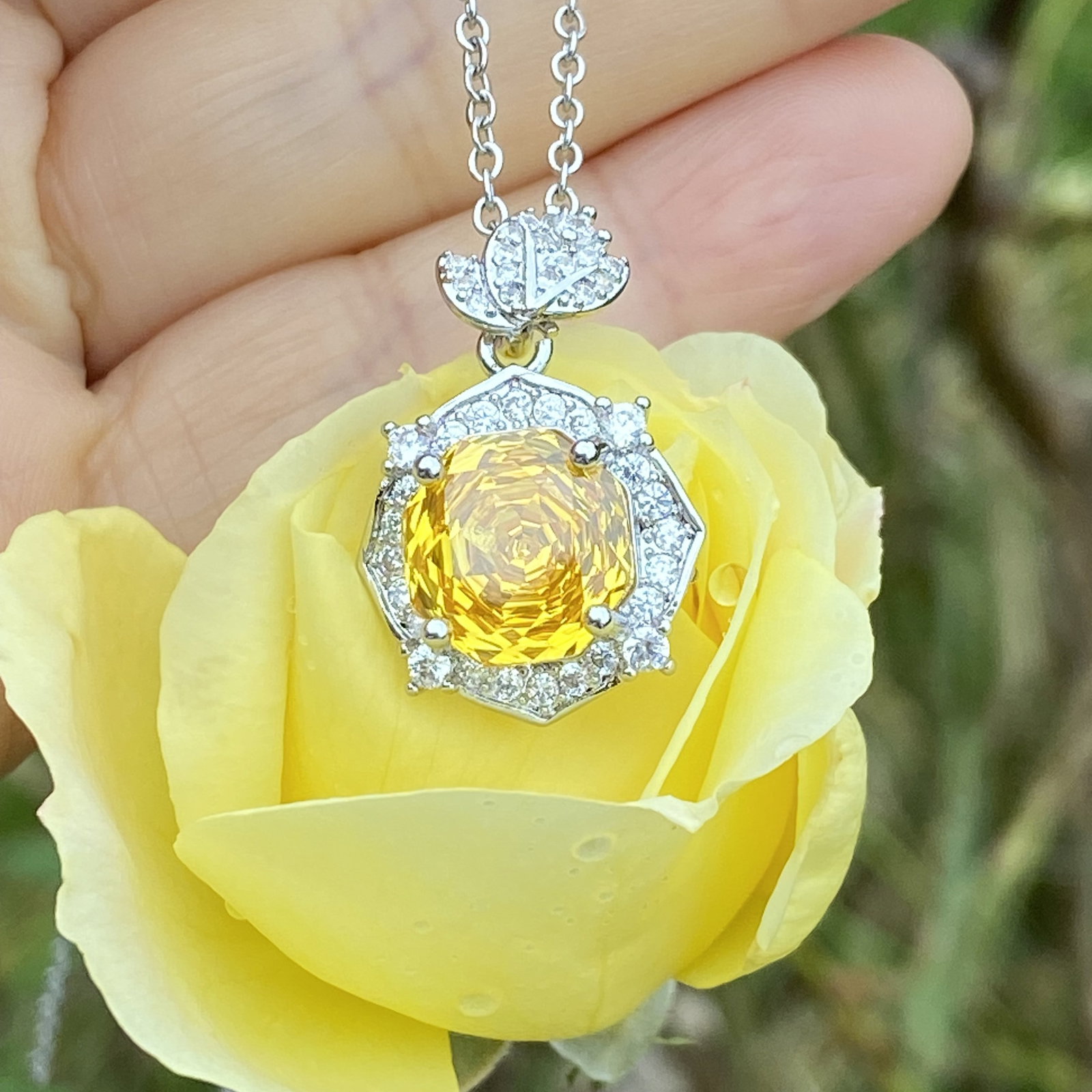 18K White Gold Plated Radiant-Cut Yellow Sapphire and Moissanite Halo Pendant Necklace - 5