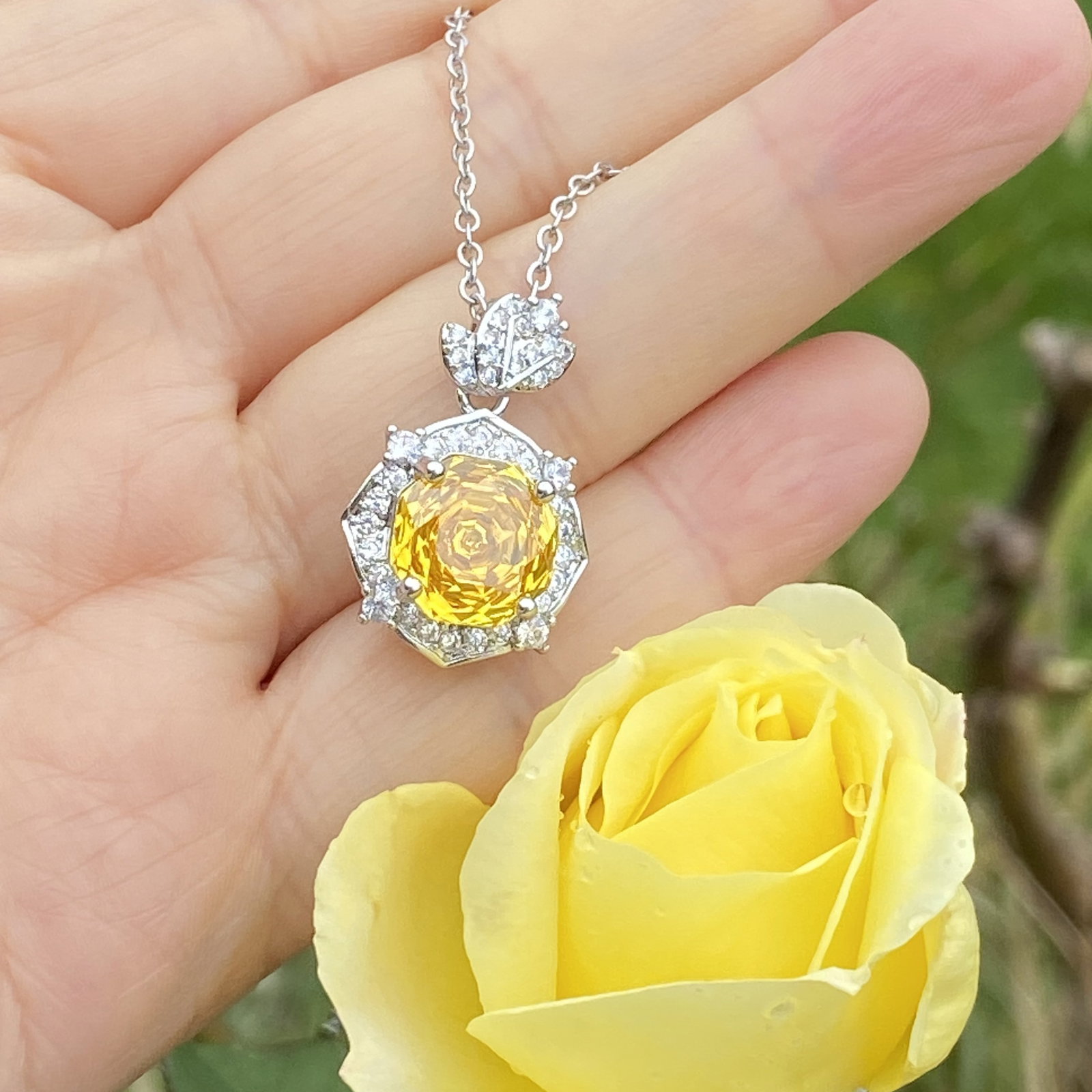 18K White Gold Plated Radiant-Cut Yellow Sapphire and Moissanite Halo Pendant Necklace - 6
