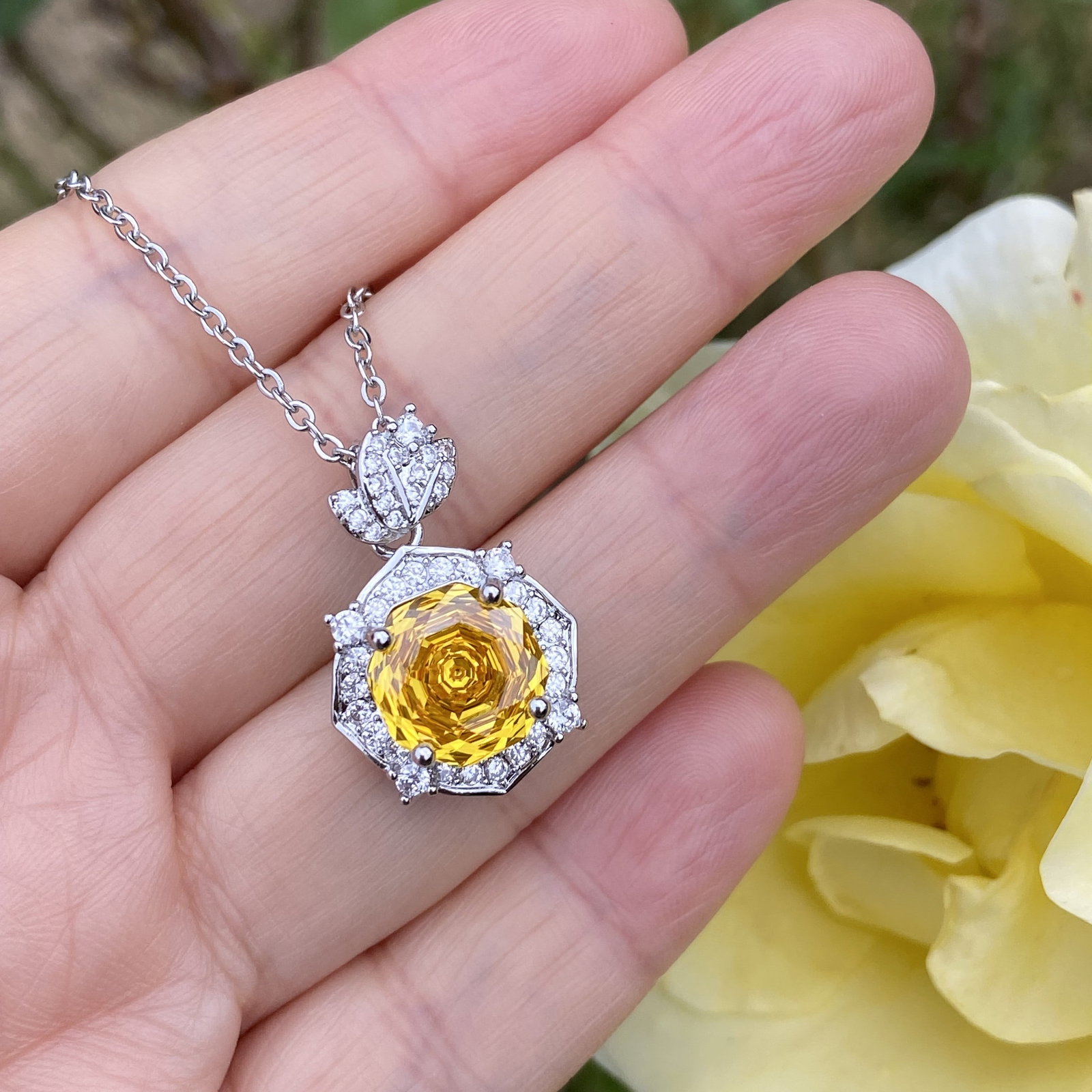 18K White Gold Plated Radiant-Cut Yellow Sapphire and Moissanite Halo Pendant Necklace - 7