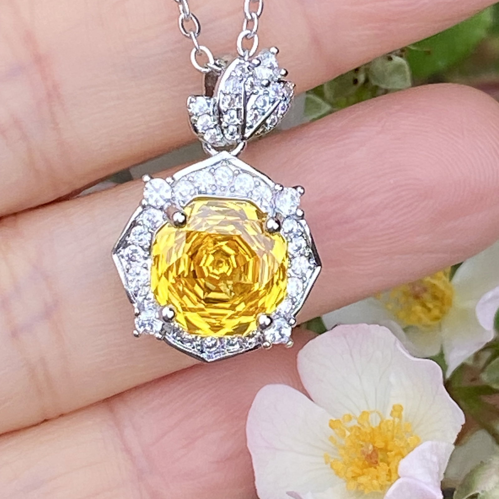 18K White Gold Plated Radiant-Cut Yellow Sapphire and Moissanite Halo Pendant Necklace - 8