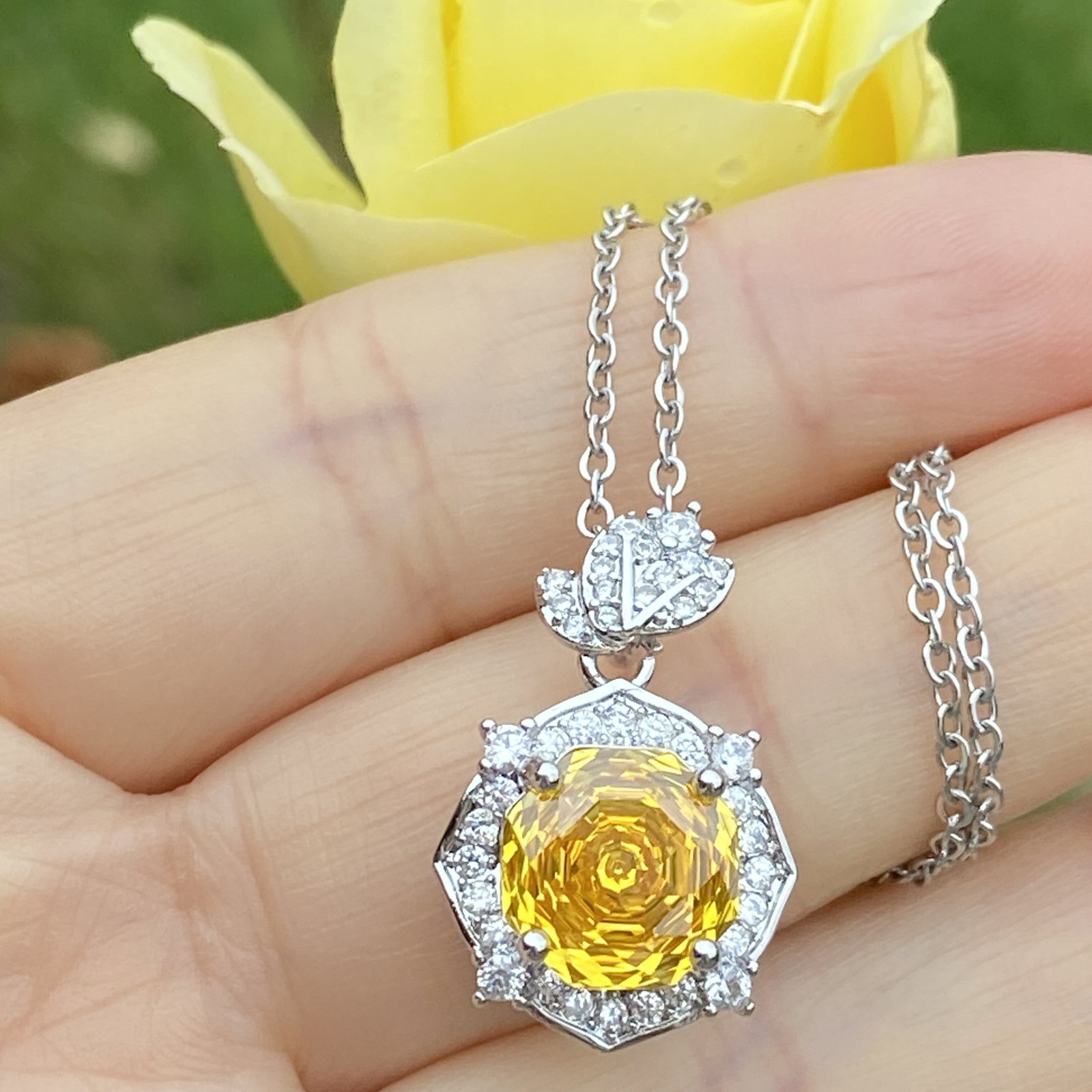 18K White Gold Plated Radiant-Cut Yellow Sapphire and Moissanite Halo Pendant Necklace - 9