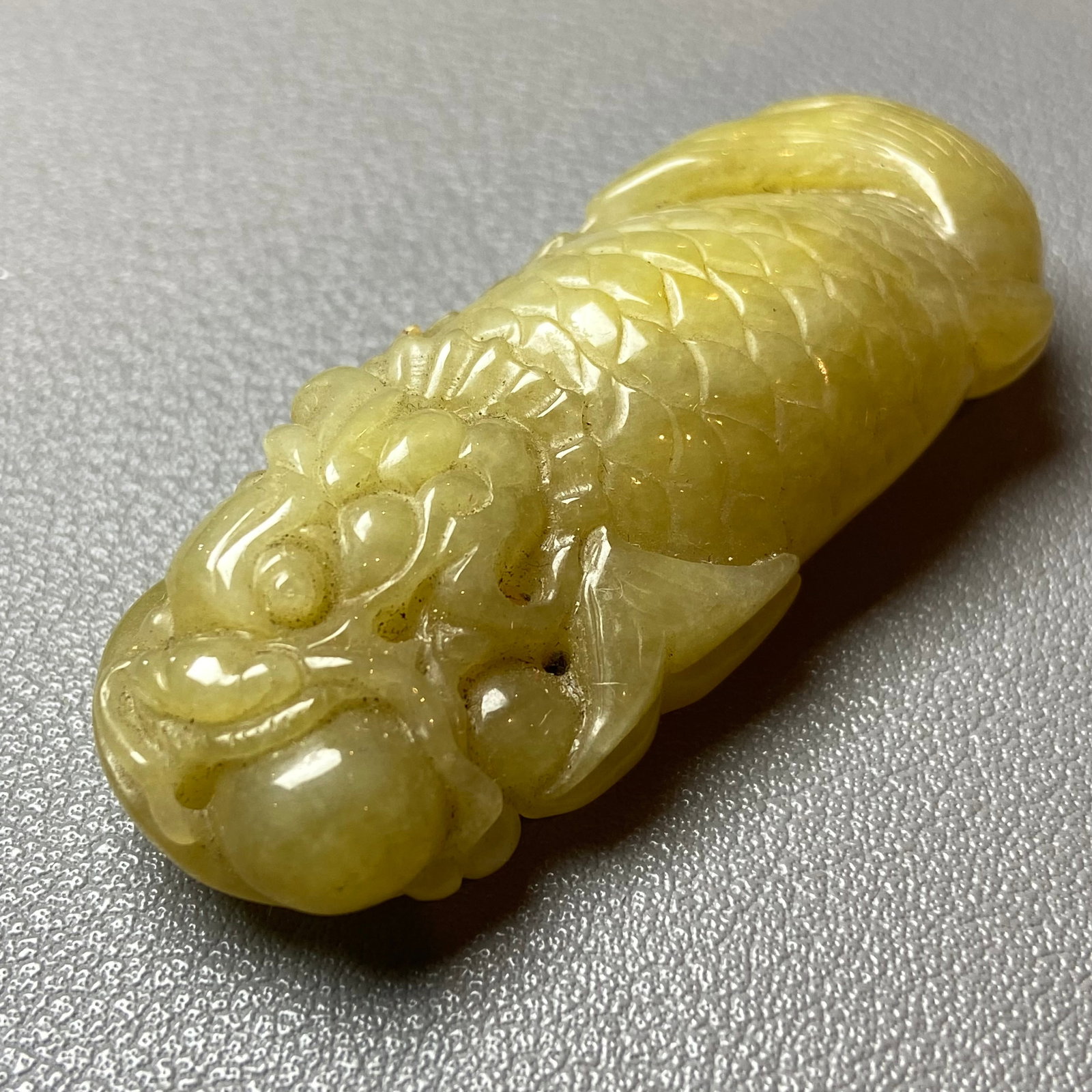 Antique Chinese Grade A Yellow Jadeite Jade statue caved Dragon Fish - 3