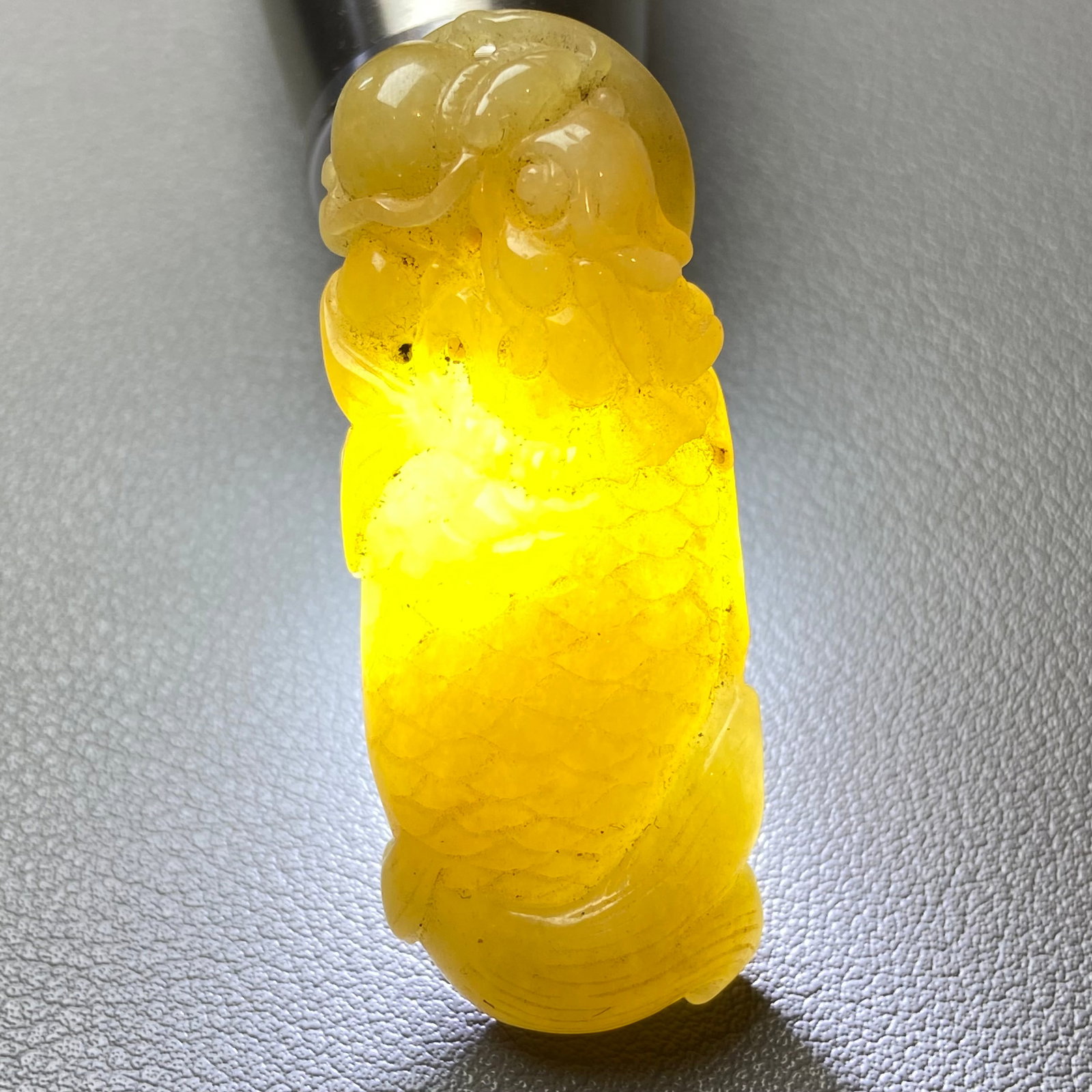 Antique Chinese Grade A Yellow Jadeite Jade statue caved Dragon Fish - 7