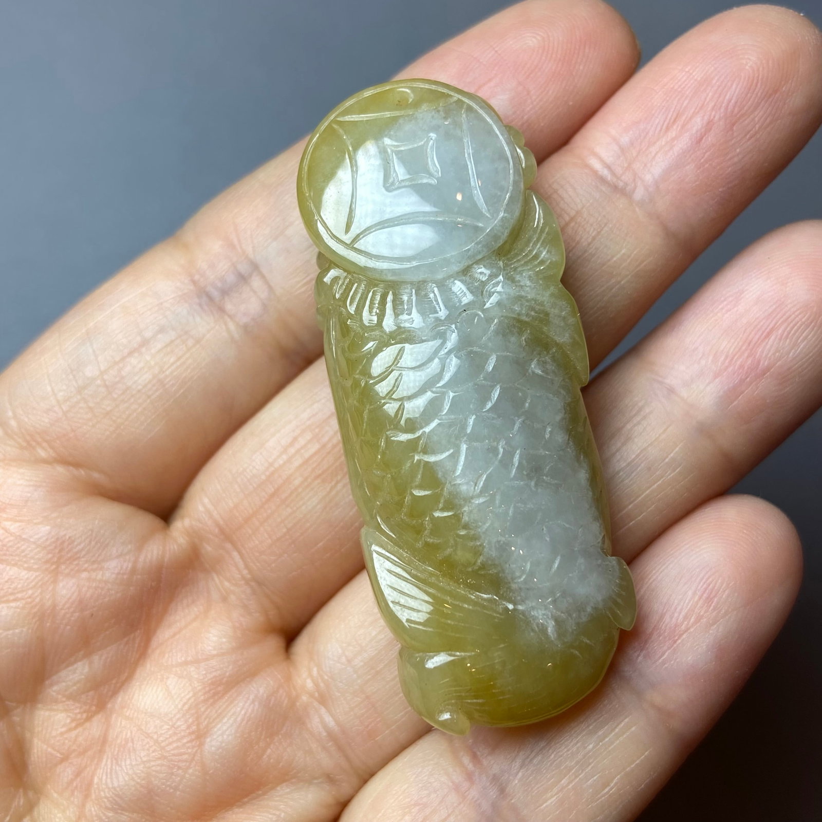 Antique Chinese Grade A Yellow Jadeite Jade statue caved Dragon Fish - 8