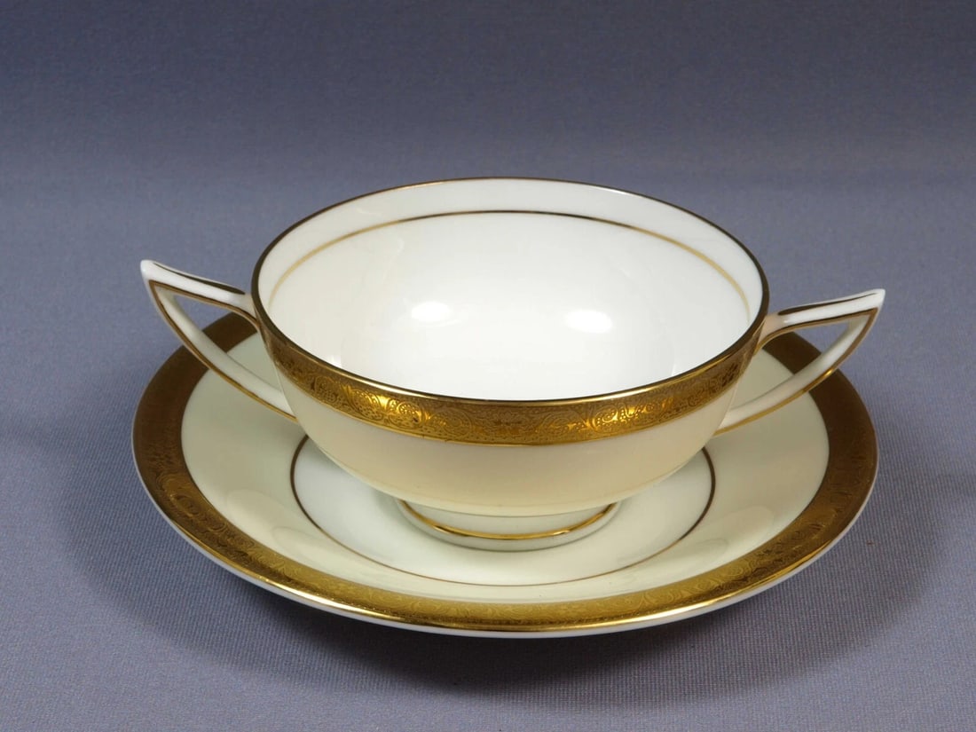 MINTON WESTMINSTER K154 GOLD Encrusted Cream Soup Double Handled Bowl Saucer Set: This is one gorgeous beautiful set of one Cream Soup/Bouillon Bowl with Serving Plate/Saucer by Minton - Made in England. The set is in the gorgeous Westminster pattern. It has gold encrusted band at 