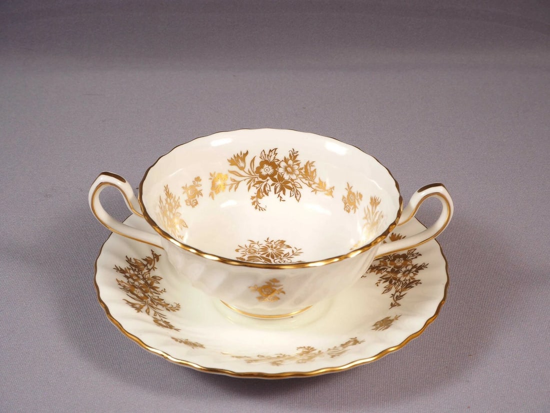 Minton MARLOW GOLD ROSE Flowers Cream Soup Bouillon Cup Bowl Saucer H5017: This is one gorgeous set of one Cream Soup/Bouillon Bowl with Serving Plate/Saucer, from the famous Marlow Gold collection by Minton - Made in England. The pattern is with swirling shape, gold edge an