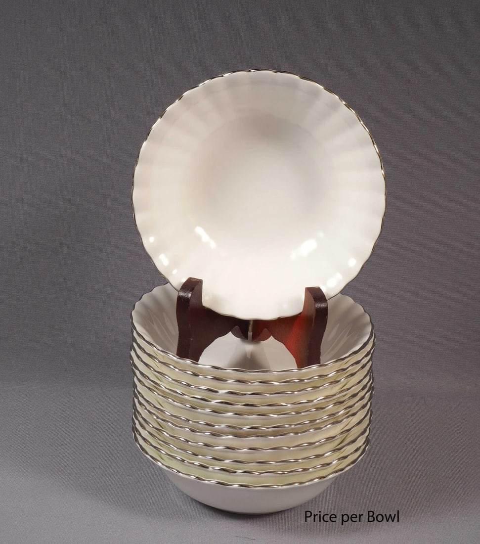 Royal Albert CHANTILLY Fruit Dessert Bow Nappy Silver Platinum England: This is a gorgeous Bone China Fruit Bowl/Nappy from the Chantilly collection by Royal Albert - Made in England. The price is per 1 (one) bowl. The rims of this pattern with hand-applied bands of plati