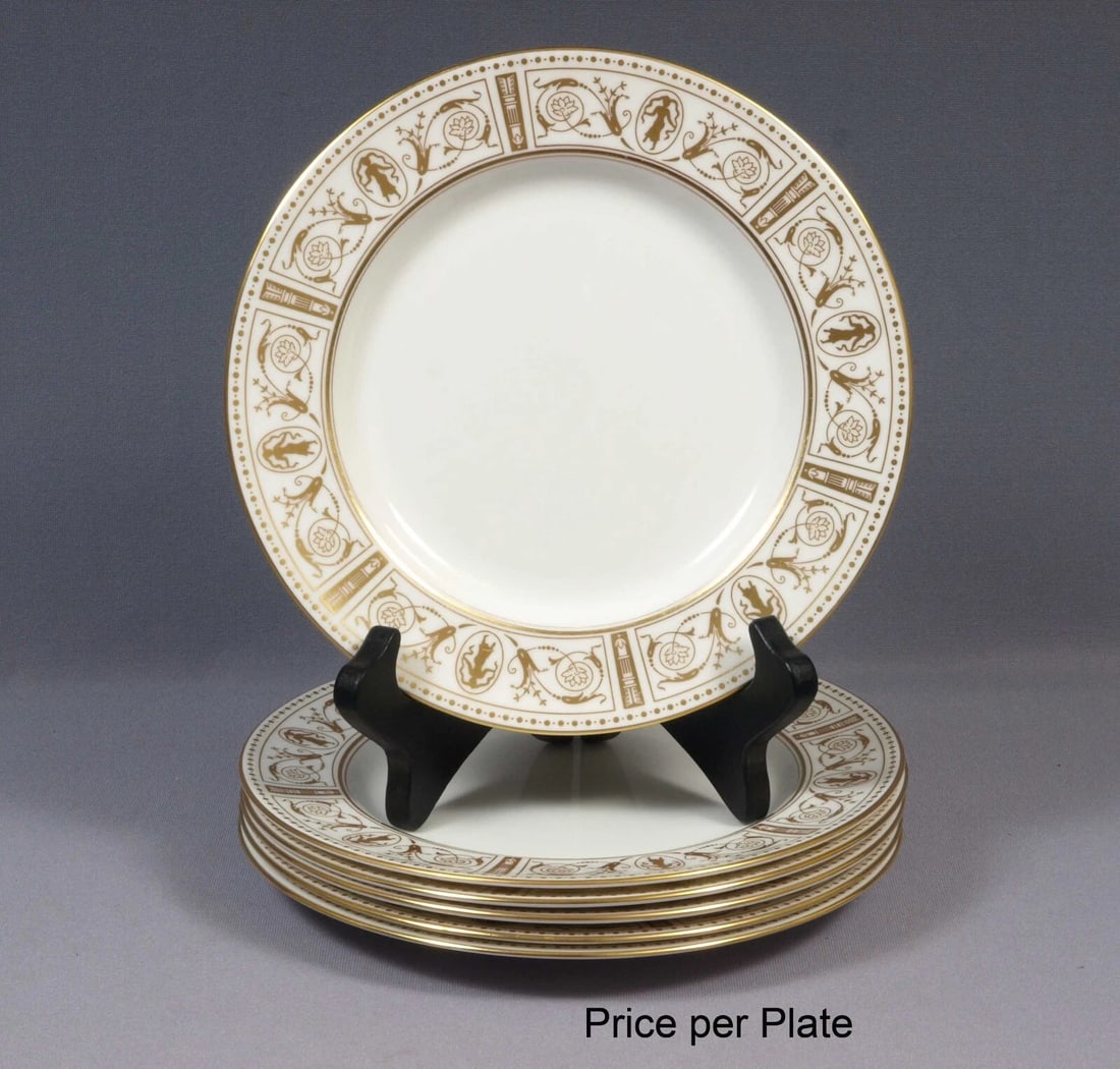 Wedgwood GOLD GRECIAN Luncheon Salad Plate England Bone China: THE PRICE IS FOR ONE PLATE ONLY!!! This is very rare and beautiful Luncheon/Salad Plate. It is made by WEDGWOOD in GOLD GRECIAN pattern with gold figures and scrolls on the rim The bowl is hallmarked 