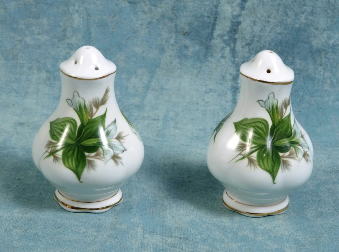 Royal Albert Trillium Bone China Salt Pepper Shakers set gold white green: This very rare and absolutely stunning set of one Salt and one Pepper Shaker. The setis from the famous Royal Albert Trillium collection - Made in England. The rims of this pattern are surrounded in b