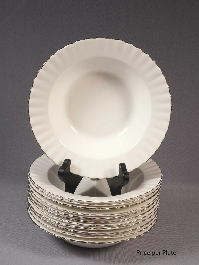 Royal Albert CHANTILLY LARGE Rimmed Soup Plate Bowl Silver Platinum England: This is a gorgeous Bone China Rimmed Soup Plate from the Chantilly collection by Royal Albert - Made in England. The price is per 1 (one) plate. The rims of this pattern with hand-applied bands of pla