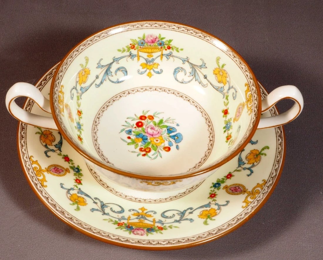 Minton Talbot B1124 Cream Soup Bouillon Bowl Cup & Saucer Bowl Enamel Antique: This is a rare and gorgeous set of one Cream Soup/Bouillon Bowl with Serving Plate/Saucer, from the famous Talbot collection by Minton - Made in England. The cream soup bowl and saucer are properly ma