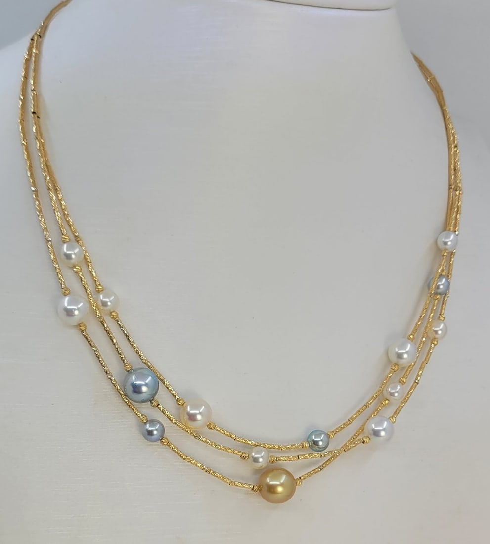 Necklace - 18 kt. Yellow gold - 5×9 mm Akoya pearls - 2