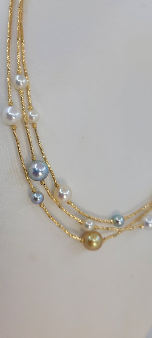Necklace - 18 kt. Yellow gold - 5×9 mm Akoya pearls - 4