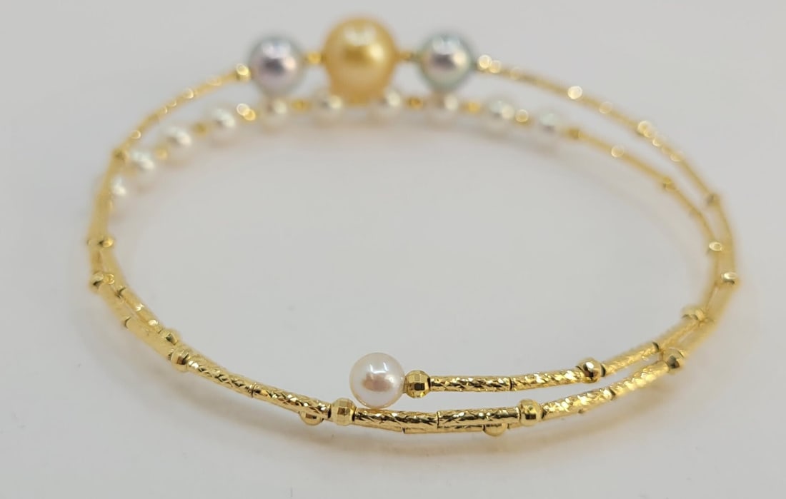 Bracelet - 18 kt. Yellow gold- 4×8,5 mm Akoya pearls - 6