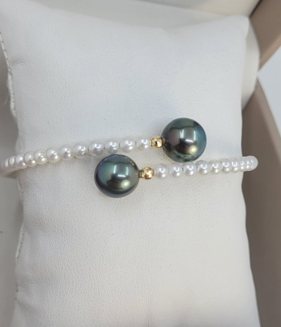 Bracelet - 18 kt. Yellow gold 10 mm Peacock Tahiti Pearls - 3,5×4 mm Freshwater pearls - 2