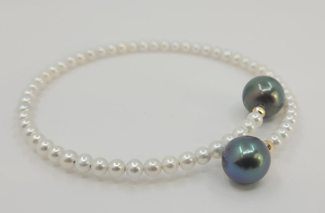 Bracelet - 18 kt. Yellow gold 10 mm Peacock Tahiti Pearls - 3,5×4 mm Freshwater pearls - 5