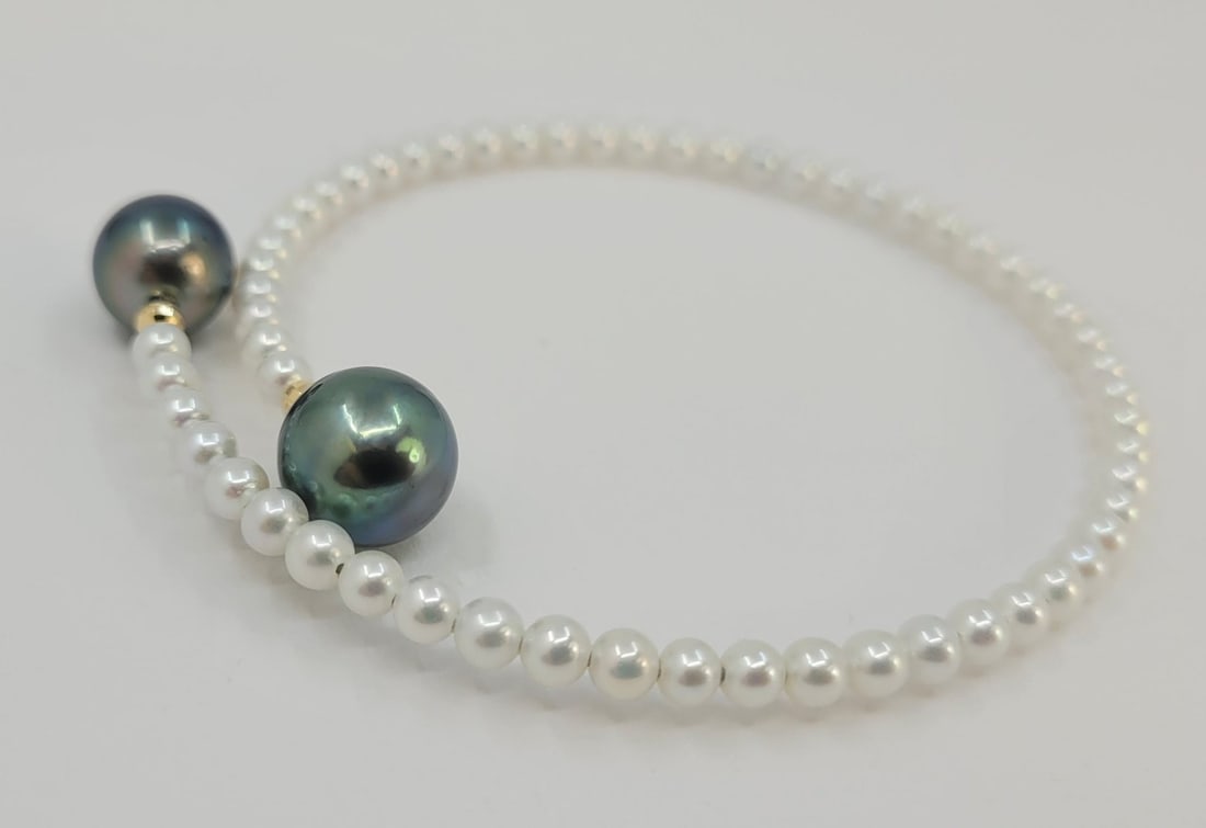 Bracelet - 18 kt. Yellow gold 10 mm Peacock Tahiti Pearls - 3,5×4 mm Freshwater pearls - 6