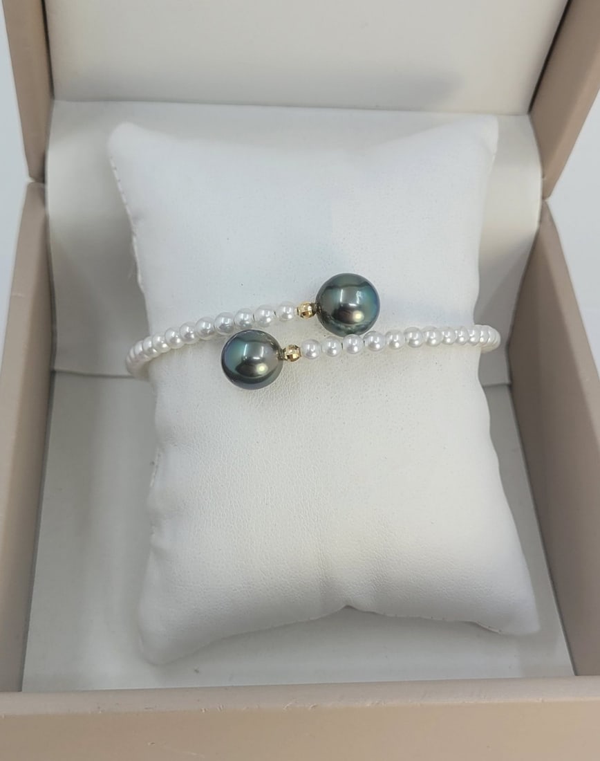 Bracelet - 18 kt. Yellow gold 10 mm Peacock Tahiti Pearls - 3,5×4 mm Freshwater pearls - 7