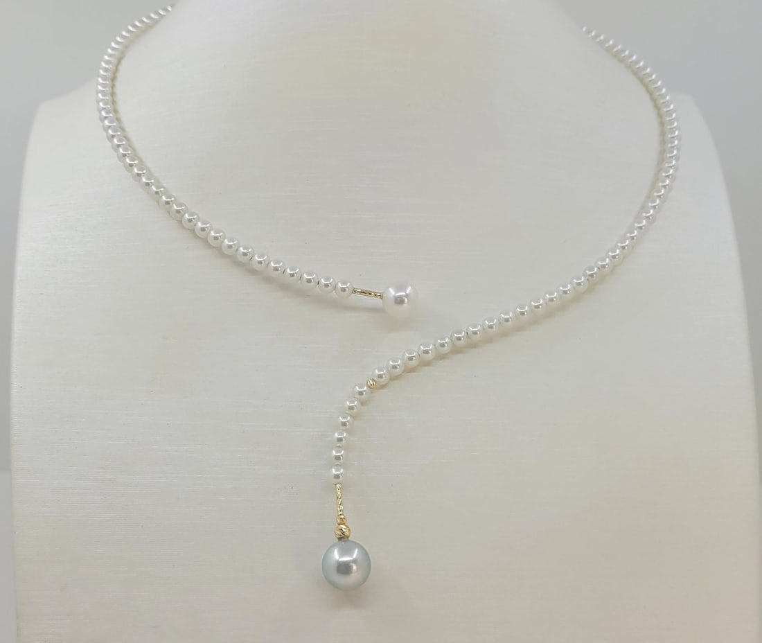Necklace - 18 krt Yellow gold 7x9 mm Akoya pearls - 3,5 mm freshwater pearls - 6