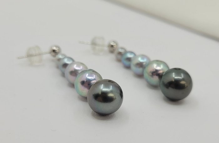 Earrings - 18 kt. White gold - 4x9mm Akoya Pearls - 10