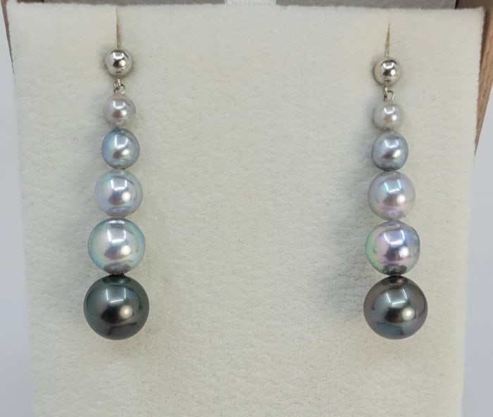 Earrings - 18 kt. White gold - 4x9mm Akoya Pearls - 2