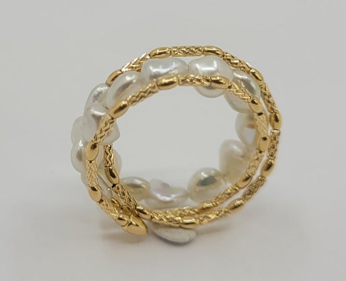 Ring - 18 kt. Yellow gold - Keshi Akoya Pearls - 2