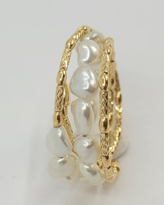 Ring - 18 kt. Yellow gold - Keshi Akoya Pearls - 3