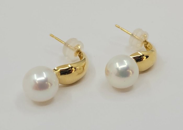 Earrings - 18 kt. Yellow gold - 7.5x8mm Akoya Pearls - 8