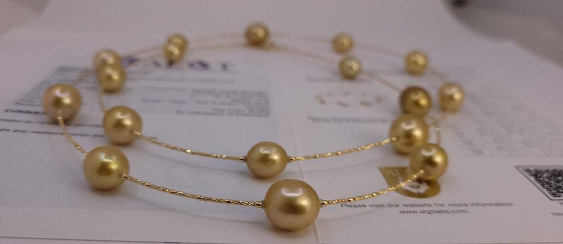 Necklace - 18 kt. Yellow gold, ALGT-certified - 10×13 mm Deep Golden South Sea Pearls - 16