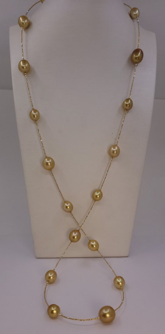 Necklace - 18 kt. Yellow gold, ALGT-certified - 10×13 mm Deep Golden South Sea Pearls - 2