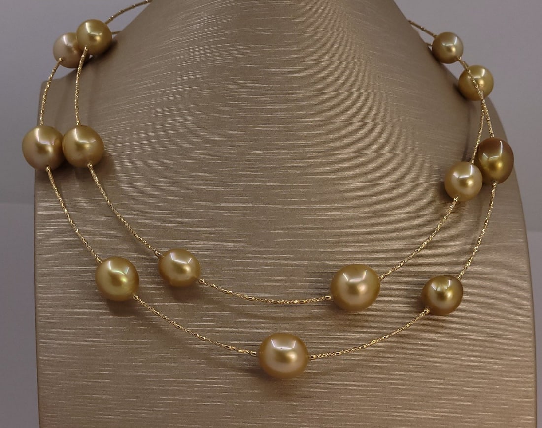 Necklace - 18 kt. Yellow gold, ALGT-certified - 10×13 mm Deep Golden South Sea Pearls - 8