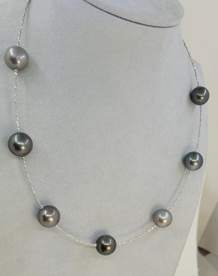Necklace - 18 kt. White gold - Round Tahiti pearls - 3